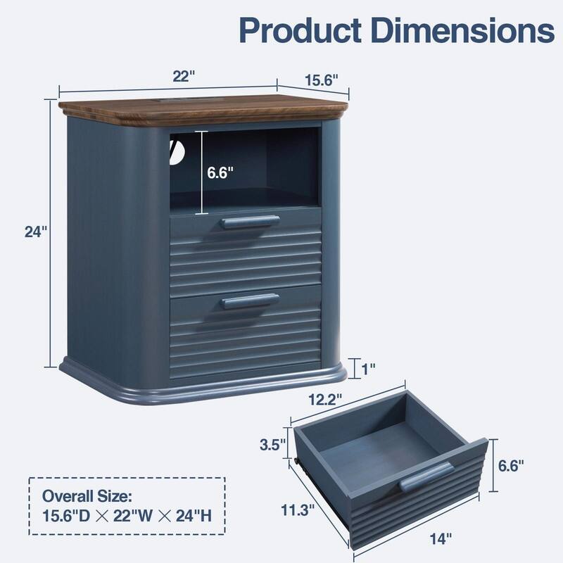 22" Fluted Nightstand with Charging Station - Modern End Table with 2 Drawers and Open Storage