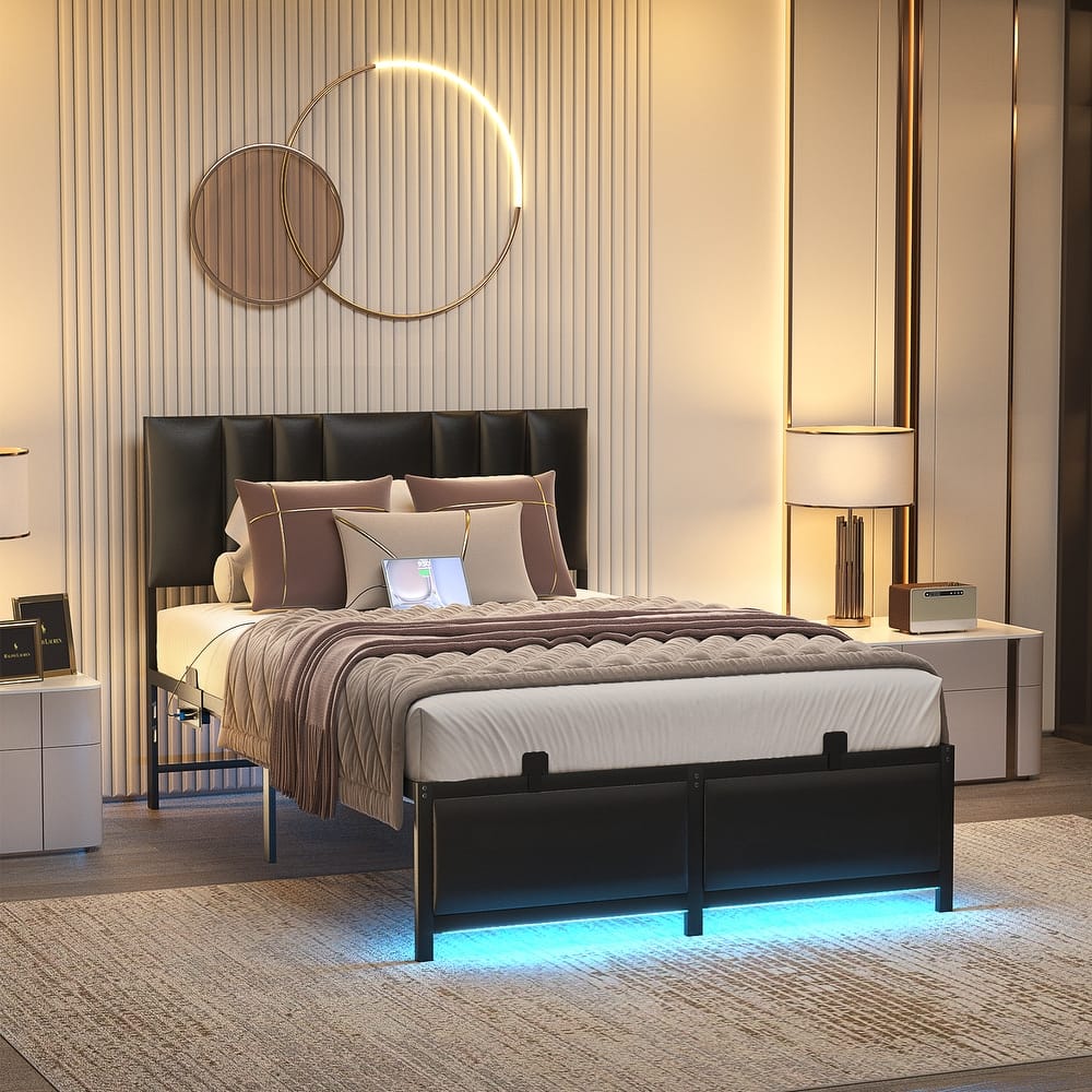 Upholstered Bed Frame with Height Adjustable Headboard,with RGB LED Light and Charging Hub