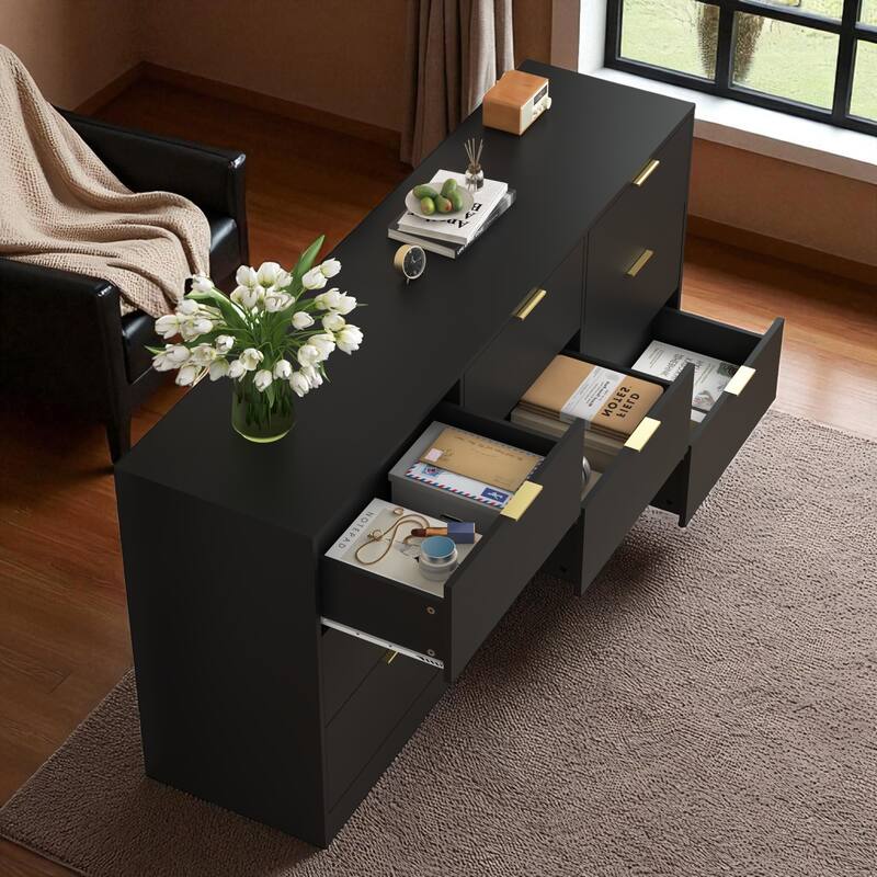 9 Drawer Dresser, 63" Wide Wooden Storage Cabinet with Golden Handles, Large Chest of Drawers for Bedroom and Hallway