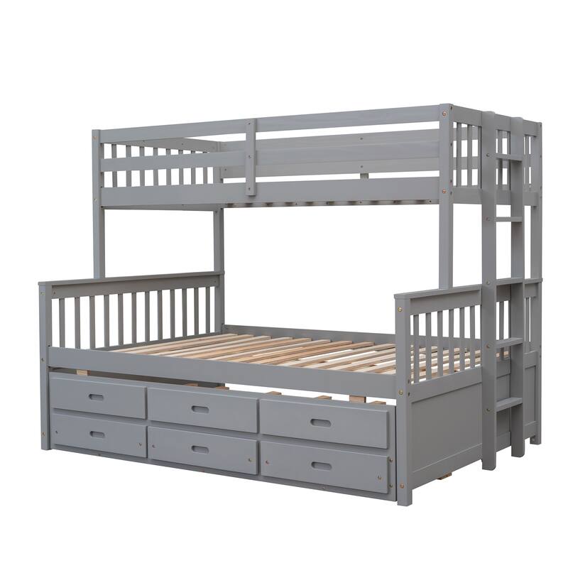 Space-Saving Twin-Over-Full Bunk Bed with Trundle and Drawers, Gray