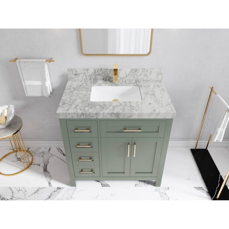 Willow Collections 36 in. W x 22 in. D Cambridge Single Sink Bathroom Vanity Center with Countertop - 2”Carrara Marble - Evergreen