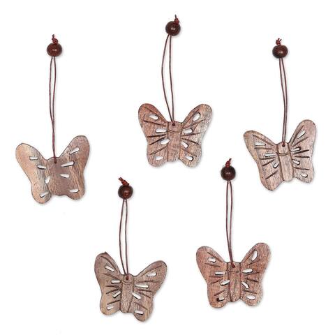 Handmade Butterfly Holiday Wood ornaments (set of 5) - 2" H x 2.4" W x 0.2" D