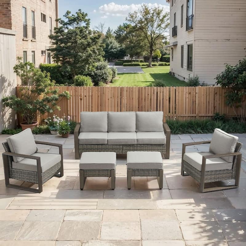 Pocassy 5 Pieces Outoor Patio Sofa Club Chair Ottoman Set - Gray cushion - Gray Wicker