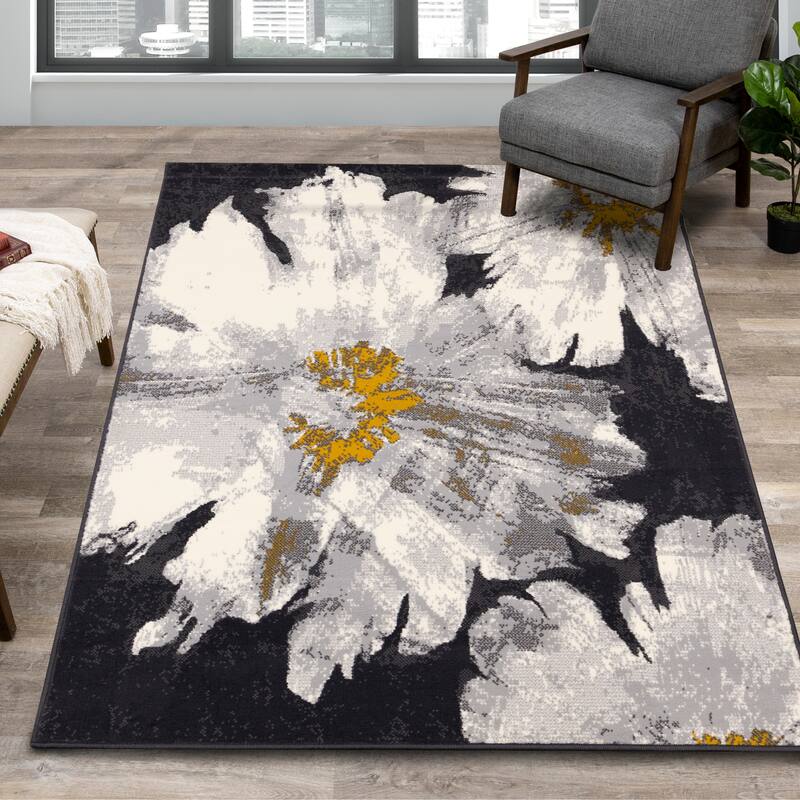 Florence Collection - Grey/Yellow Floral Rug - 4'7" x 6'7"