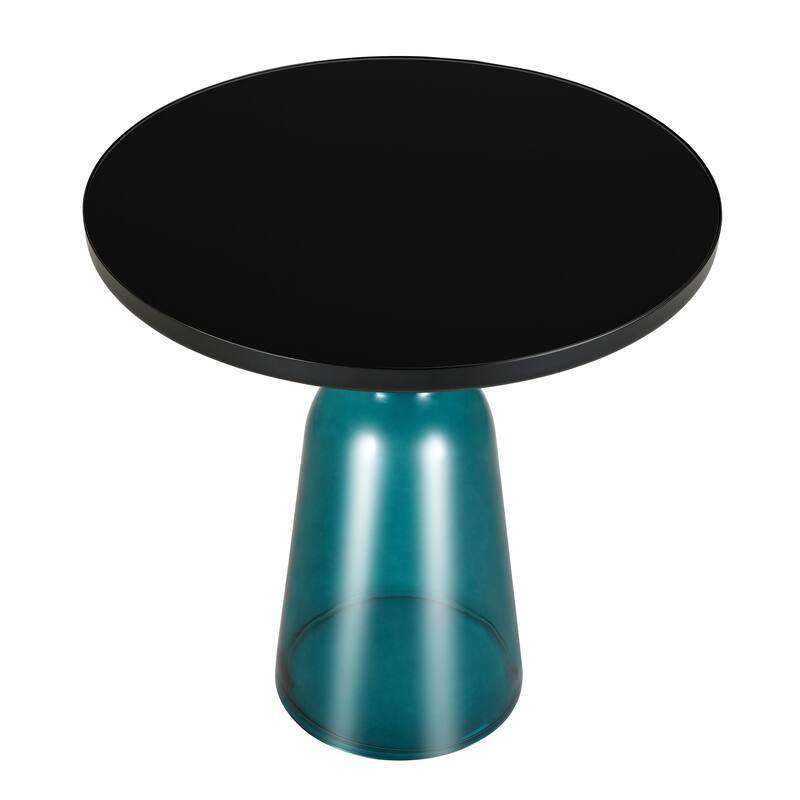 19-Inch Side Table Round Glass/Stone Tabletop End Table with Black Iron Rim and Glass Base