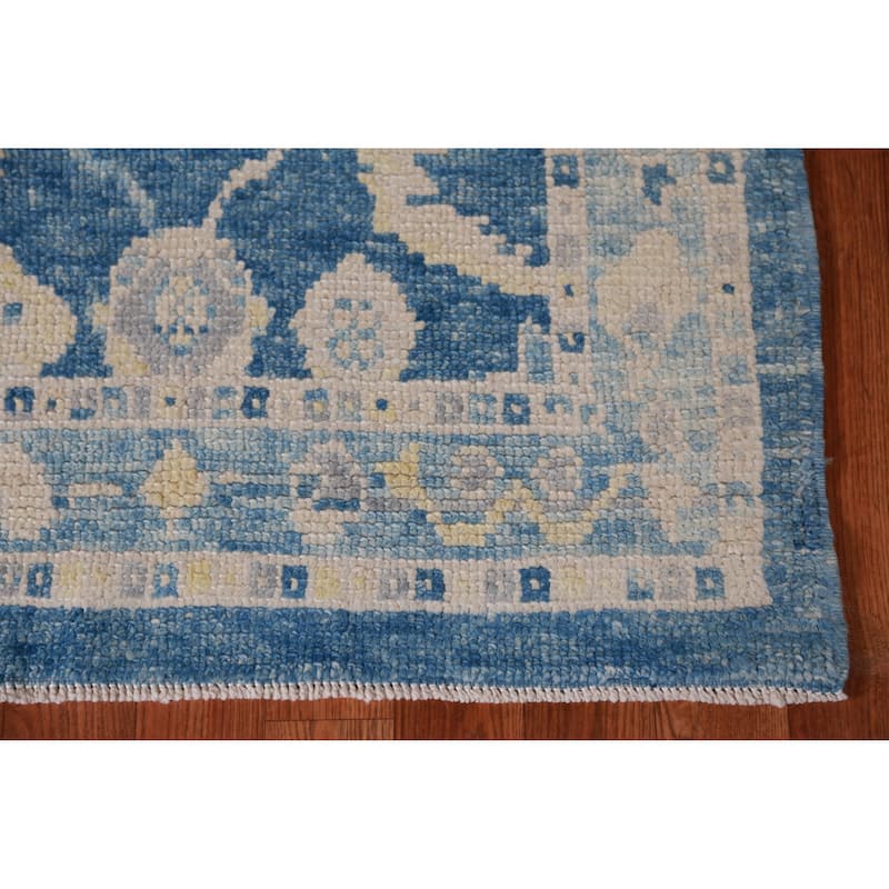 Hand Knotted Oriental 100% Wool Carpet Transitional Geometric Navy Blue & Blues Oushak Runner Rug - 15' 2'' X 2' 10''