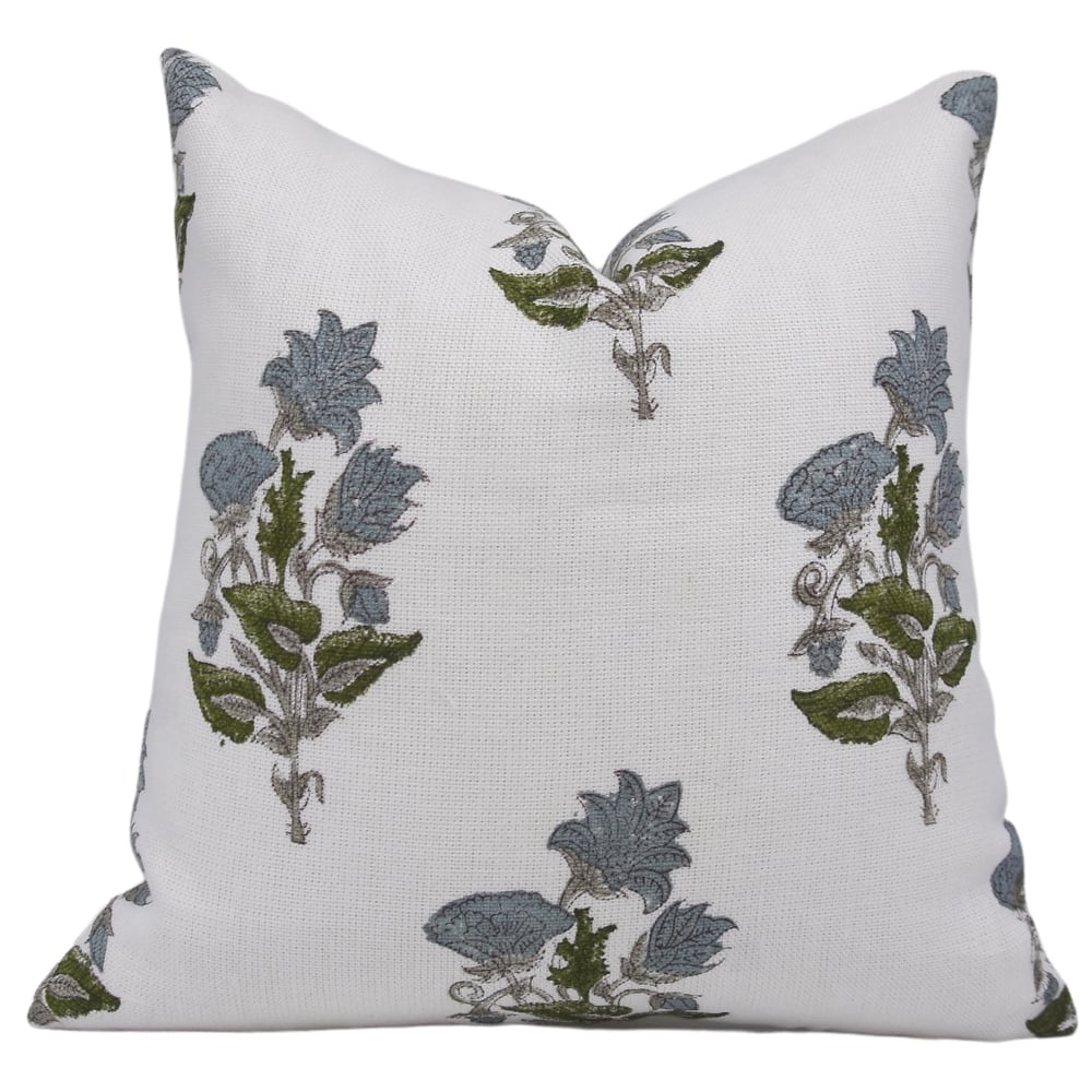 Fabdivine Handmade White Base Linen Fabric Floral Block Print Pillow Cover