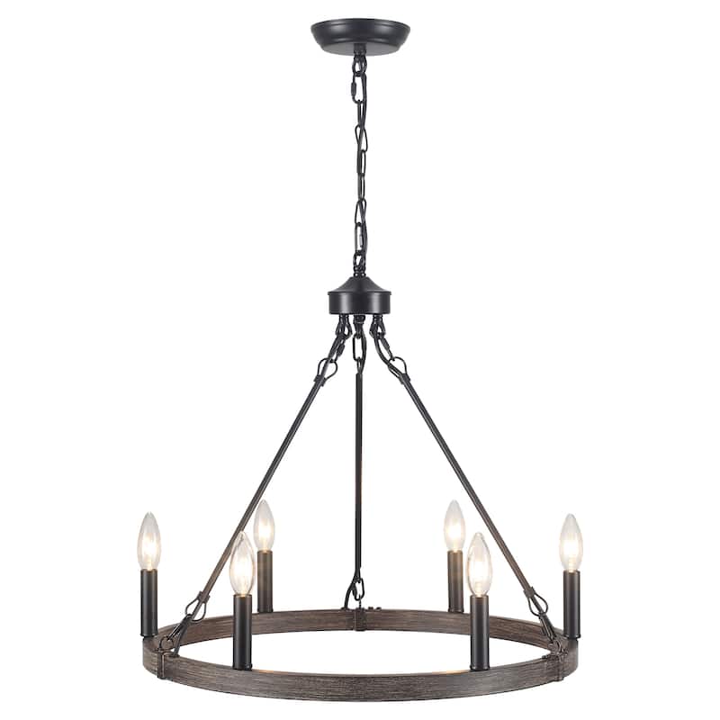 22.04 in. 6-Light Black Rustic Farmhouse Chandelier, Wagon Wheel Chandelier for Dining Room Living Room Bedroom Kitchen