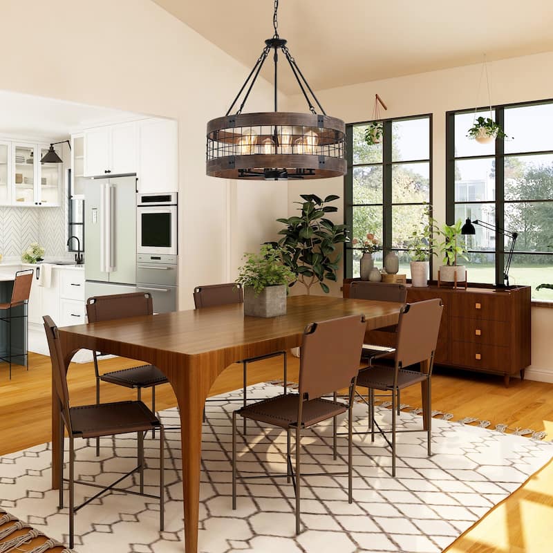 Modern Farmhouse Rustic 6-Light Wood Drum Chandelier for Dinning Room