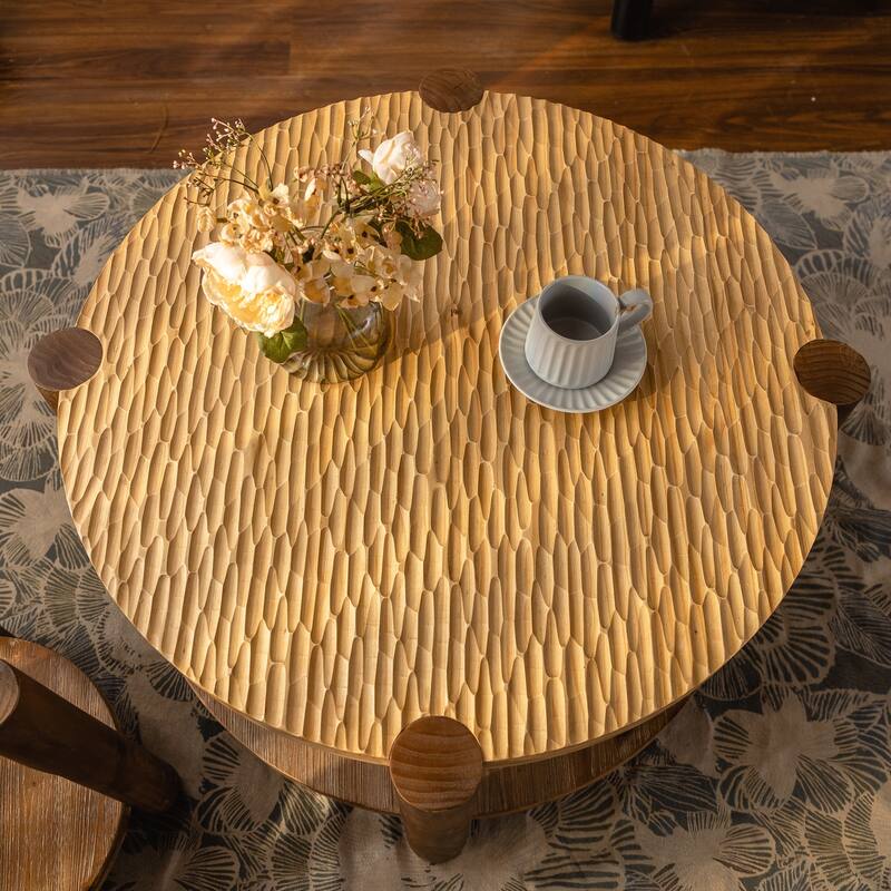 Round Coffee Table with Solid Wood for Living Room