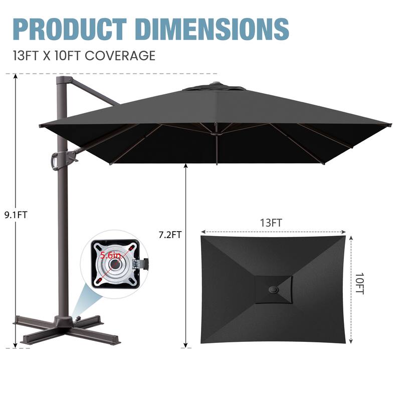 VredHom 10x13FT Patio Cantilever Umbrella Outdoor Offset Umbrella 360-Degree Rotation