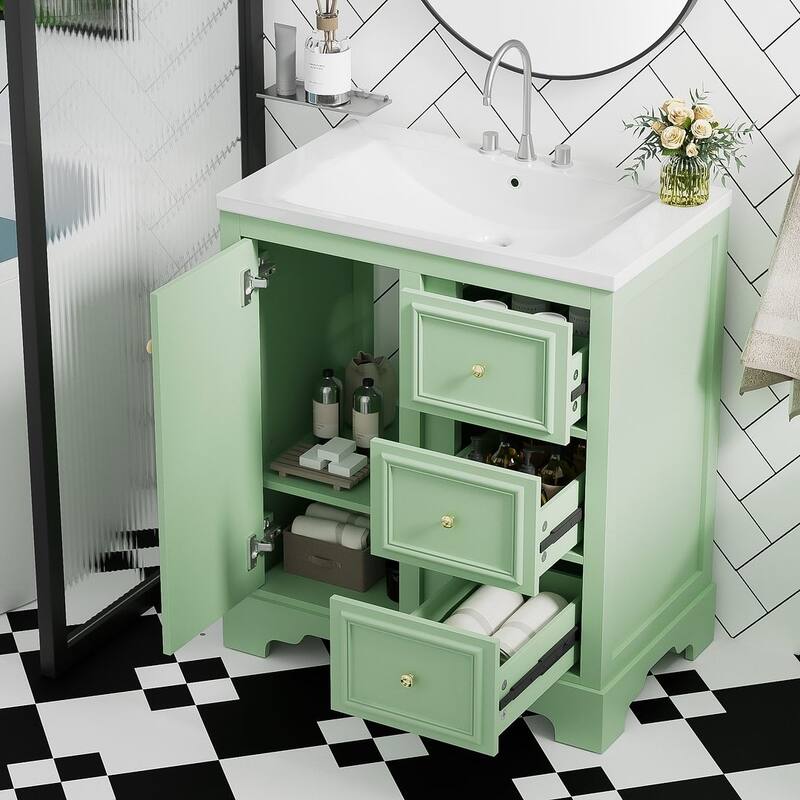 30'' Bathroom Vanity with Top Sink, Freestanding Vanity Set with Mirror Cabinet