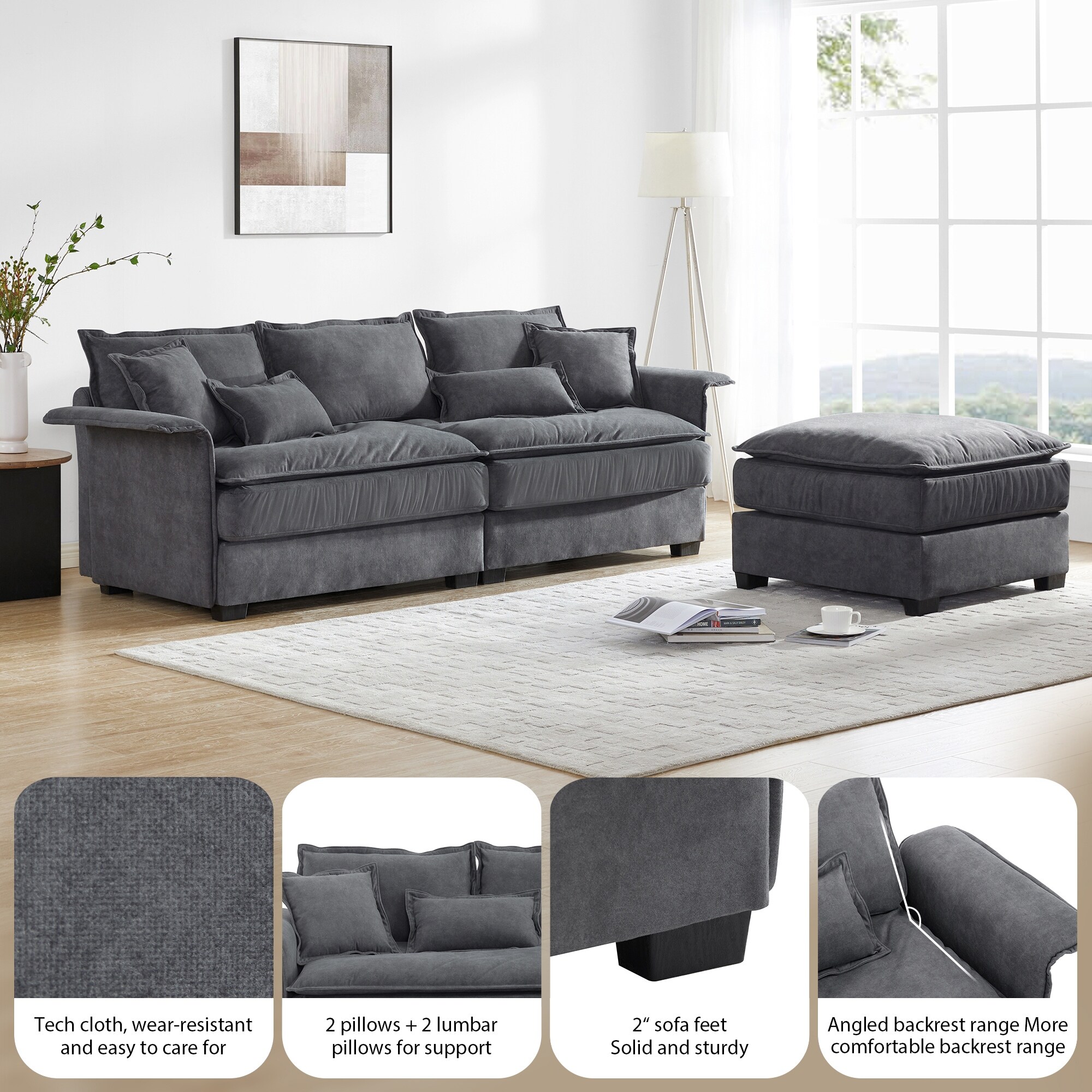 Loveseat with Ottoman Convertible L Shape Recliner Sofa Dark Grey 3 Seater