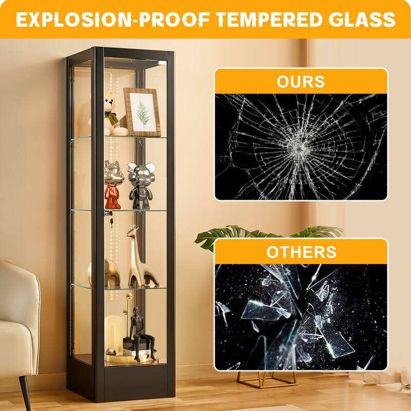 4-shelf Glass Curio Display Cabinet with Doors, RGB Light & Adjustable Storage Shelves - 63"H x 15.8"W x 15.8"D