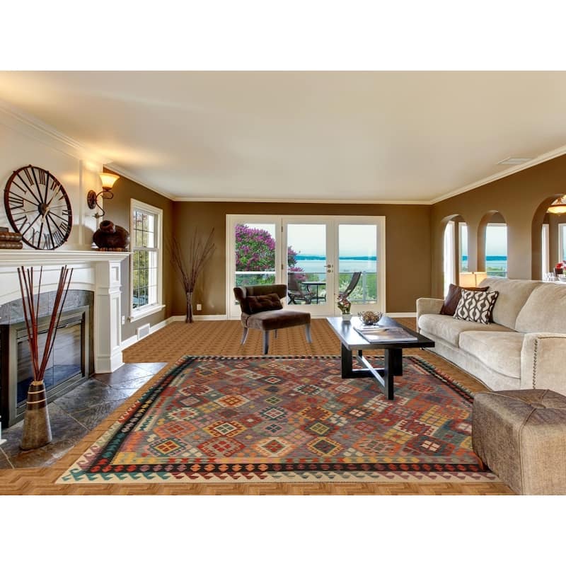 All-Over Geometric Kilim Oriental Area Rug Flatweave Wool Carpet - 8'10"x 11'2"