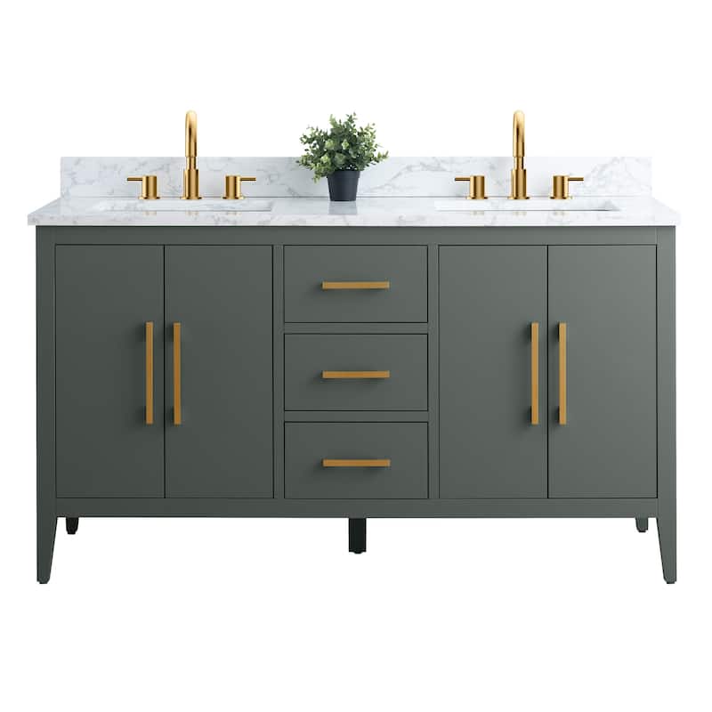 Vanity Art 60" Double Sink Bathroom Vanity Cabinet with Engineered Marble Top