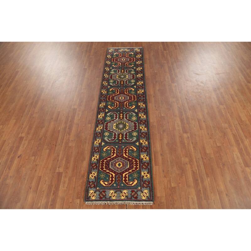 Green Geometric Kazak Runner Rug Hand-Knotted Wool Carpet - 2'5"x 9'8"