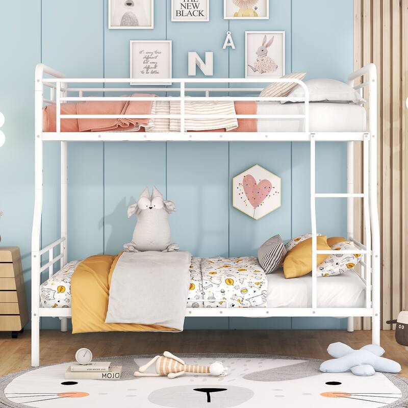 White Full XL Over Queen Iron Bunk Bed with Chrome Finish