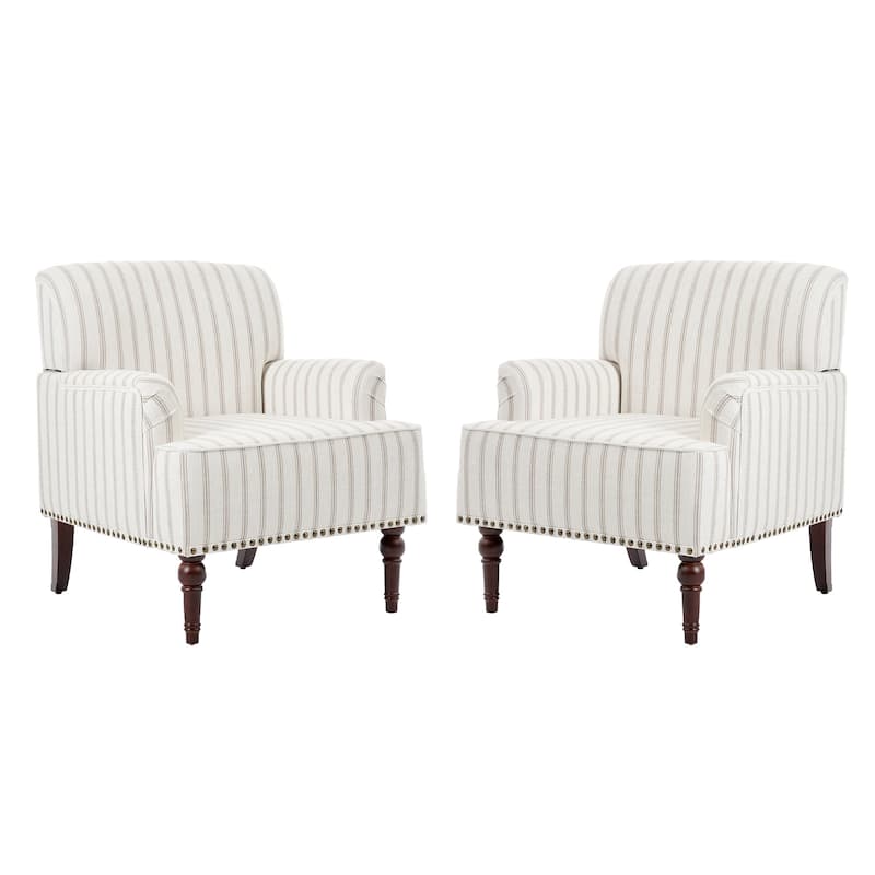 Set 2 Striped Upholstered Linen Armchair with Brass Nailhead Trim