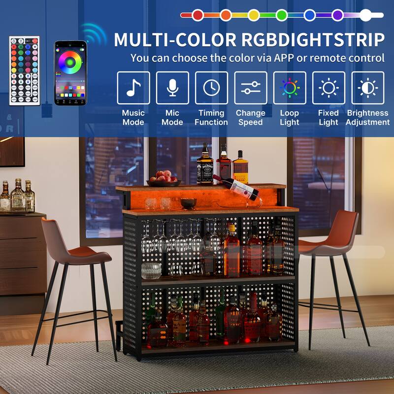 Moasis Home Bar Unit with Music Sensing LED Light Wine Cabinet Counter Tall Bar Table