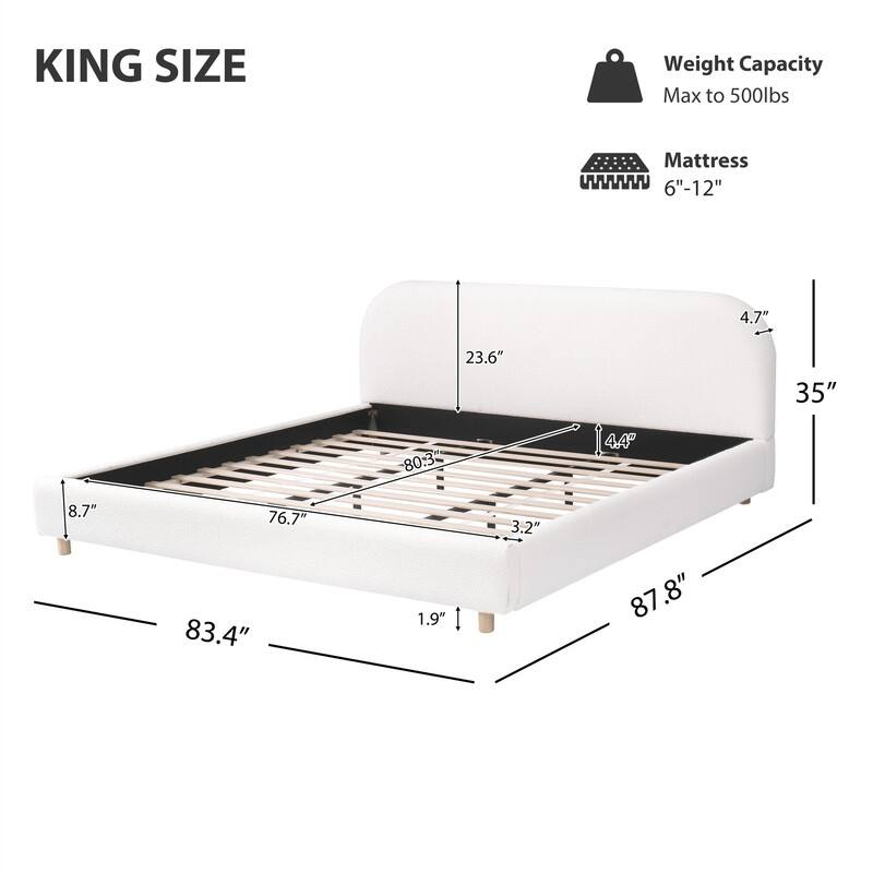 Queen/King Size Platform Bed with Curve-Shaped Design Headboard, Boucle Fabric Upholstered Bed Frame with Slats Support