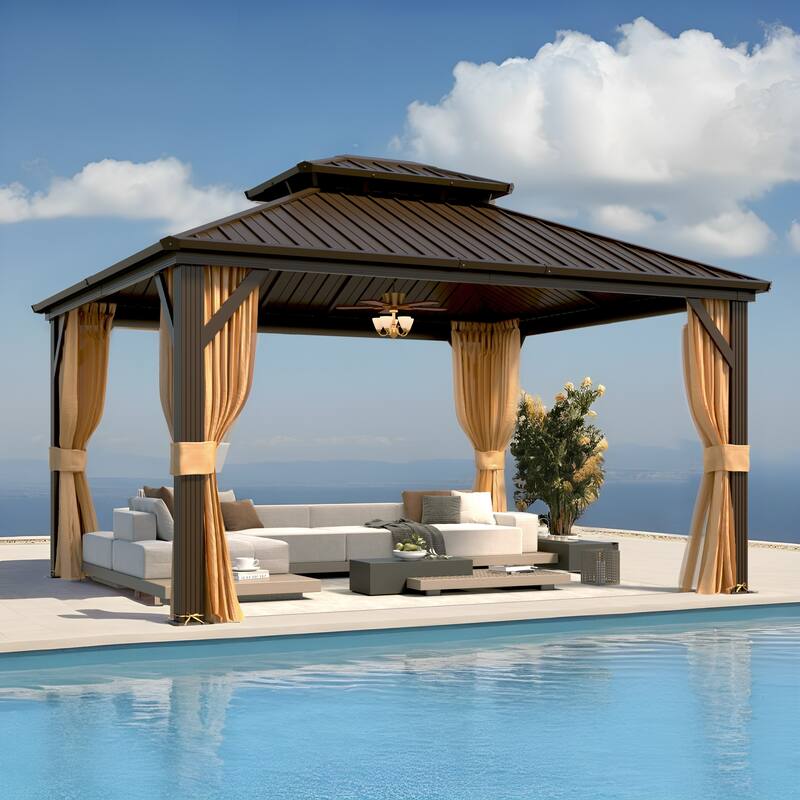 Outdoor Hardtop Gazebo with Double Galvanized Steel Roof & Aluminum Frame, Featuring Curtains and Netting for Added Comfort