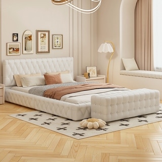 2-Pieces Bedroom Sets, Queen Size Velvet Platform Bed Frame Tufted Upholstered Bed with Rectangular Upholstered Ottoman