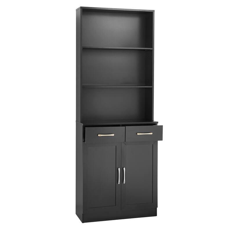 Storage Cabinet for Bathroom, 2 Doors Wooden Cabinet with 2 Drawers Three-layer Open Shelf, Bathroom Floor Cabinets