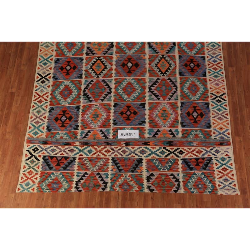 Geometric Kilim Oriental Area Rug Hand-Woven Multi-Color Wool Carpet - 8'4"x 11'6"