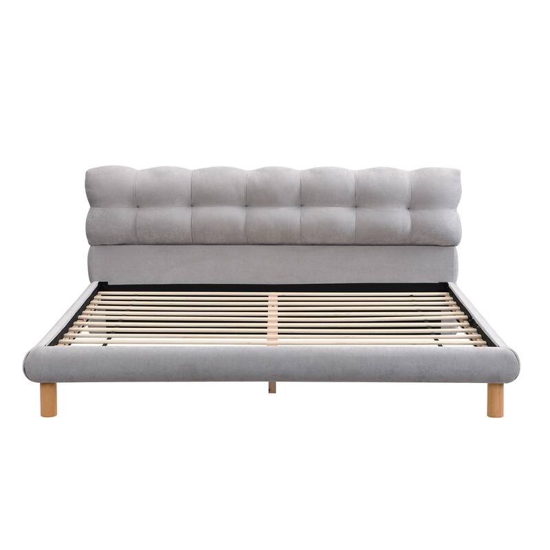 Grey Platform Bed Frame with Cookieshaped Headboard Upholstered Wingback Bed, Low-Profile Grounded Bed with Round Wood Legs