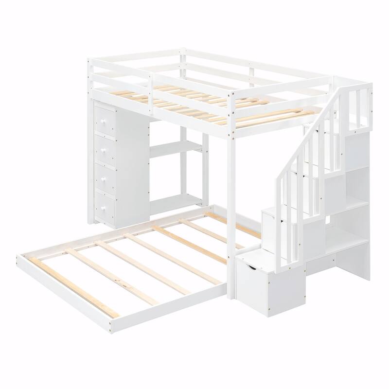 Twin Over Full Bunk Bed with 3-layer Shelves, Drawers, and Storage Stairs