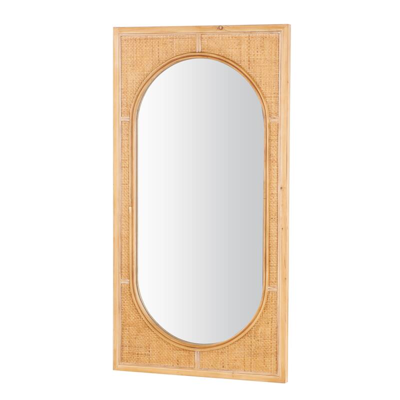 Brown Rattan Room Wall Mirror with Oval Center