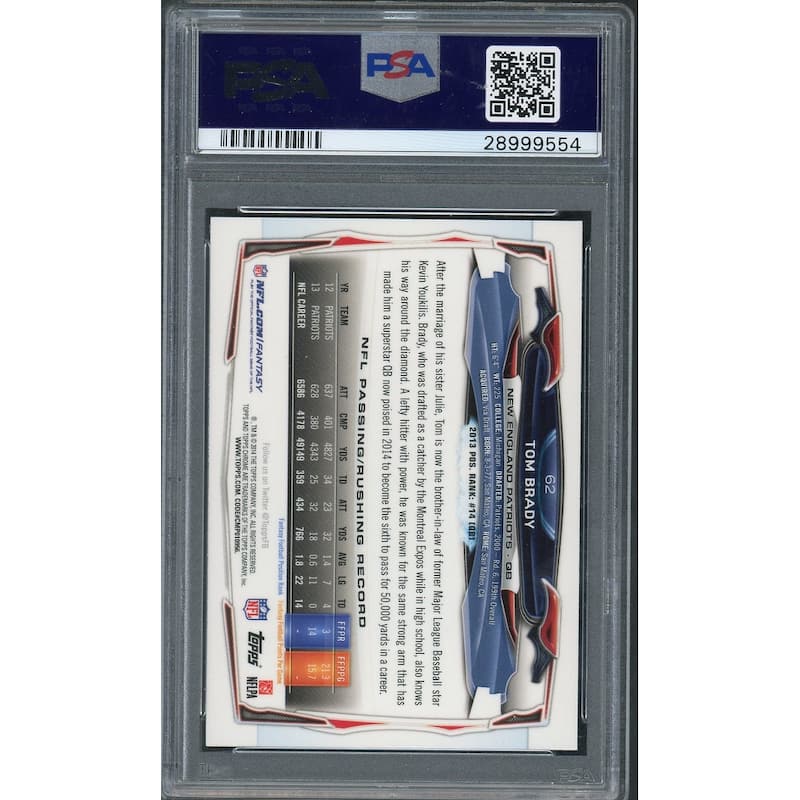 Tom Brady 2014 Topps Chrome Blue Jersey Football Card #62 Graded PSA 10 - 8'6" x 11'6"
