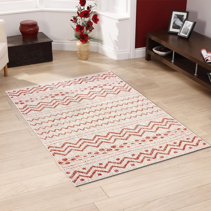 Sevita Sadie Bohemian Striped Beige/Red Durable Performance Indoor/Outdoor Area Rug