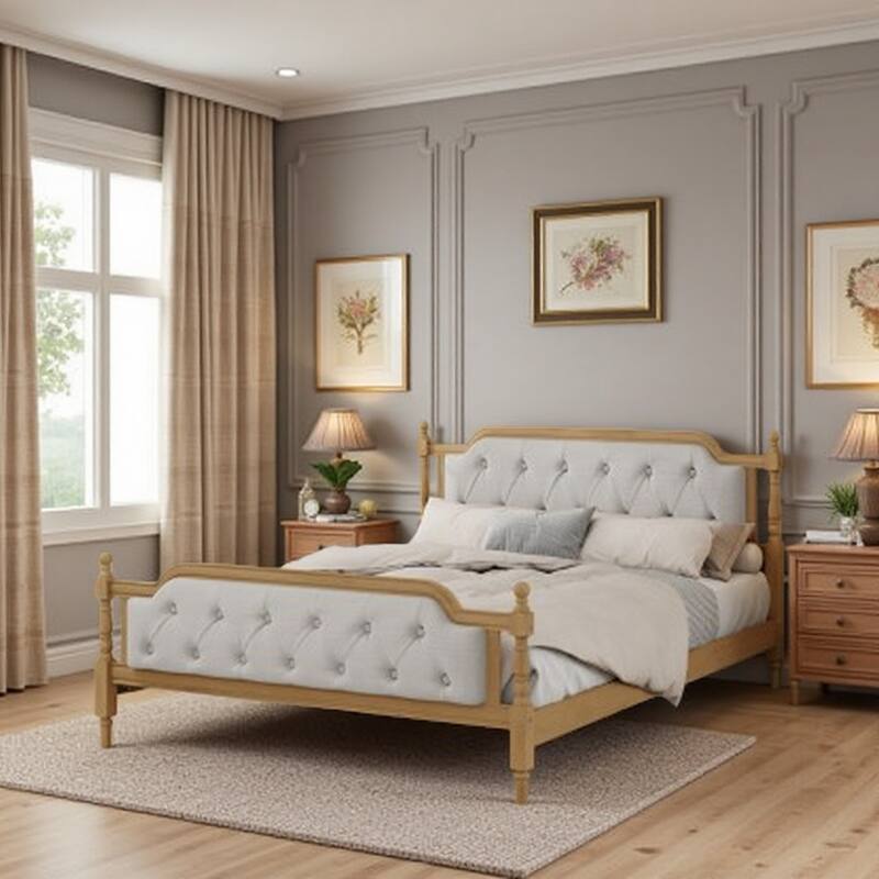 King Size Traditional Solid Wood Platform Bed with Upholstered Tufted Headboard, No Box Spring Needed - QueenWalnut - Queen