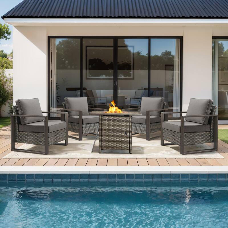 Meyreso 5-Piece Wicker Patio Conversation Set with Fire Pit & Plush 4.5" Olefin Cushions