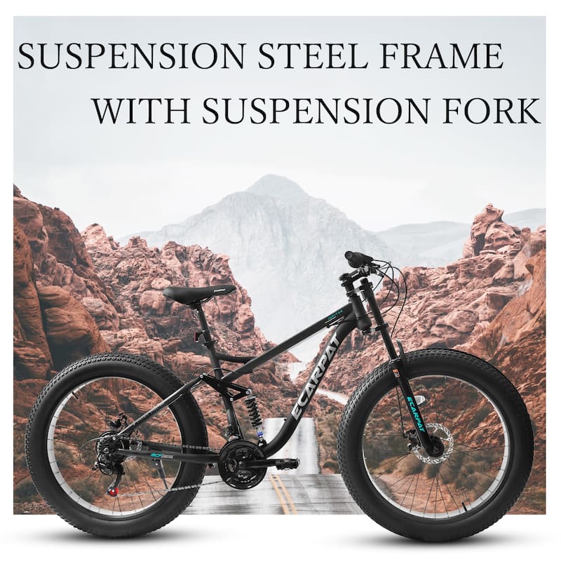 26 Inch Full Suspension Fat Tire Mountain Bike with 21 Speed, Steel Frame 4 Inch Tires for Men and Women