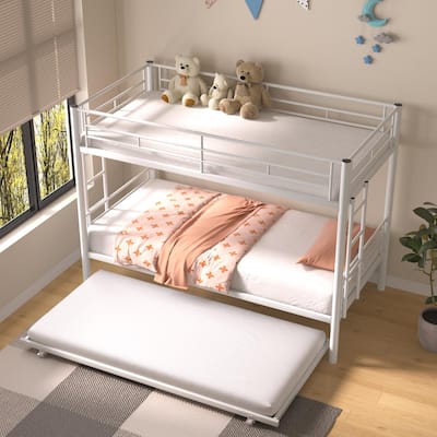 VECELO Twin Over Twin Bunk Bed with Trundle, Metal Bunkbeds with Ladder and Full-Length Guardrail