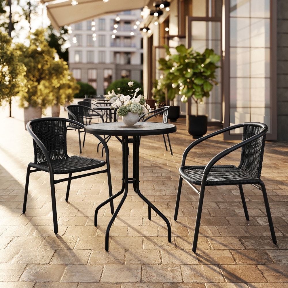 Indoor/Outdoor Round Glass Outdoor Patio Table Set with X-Base and 2 Chairs - 23.75"W x 23.75"D x 28"H