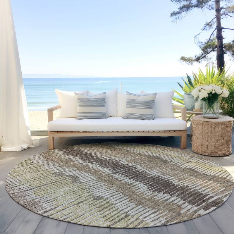 Machine Washable Indoor/ Outdoor Chantille Stripe Abstract Rug - Taupe - 8' x 8'