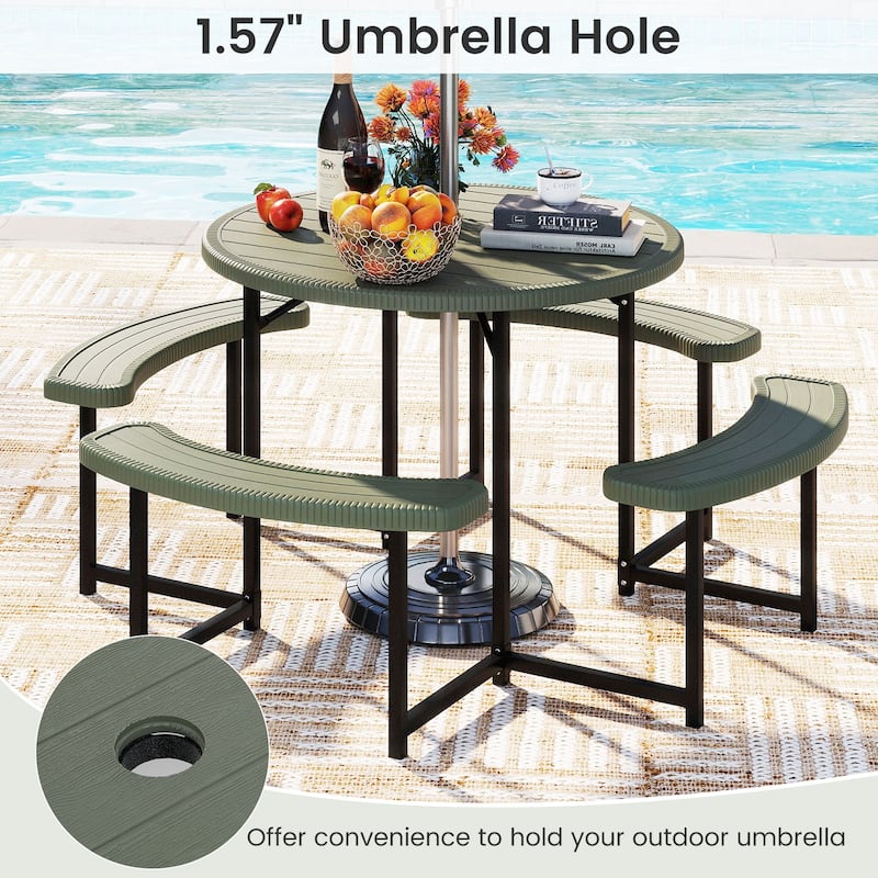 HDPE Round Picnic Table Set with 4 Benches and Umbrella Hole Perfect for Patio or Balcony