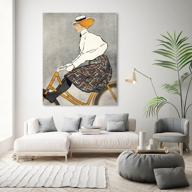 Wynwood Studio Canvas Fashion Vintage woman riding a bicycle - Edward Penfield Orange and Vintage Wall Art Canvas Print - 45 x 36