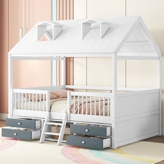 House Bed Wood Low Loft Bed House-shape Frame Bed with 2 Roof Skylights, Kids Storage Bed with 4 Drawers, Guardrail and Stairs