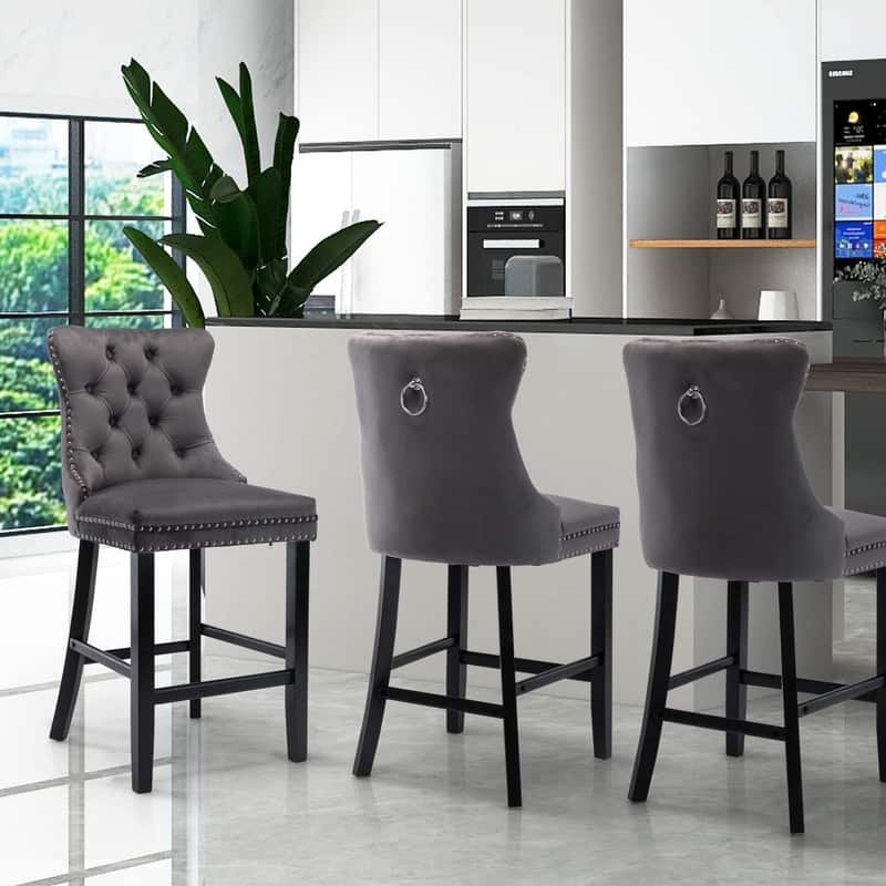 Wing Back Velvet Tufted Nailhead Barstools(Set of 2)