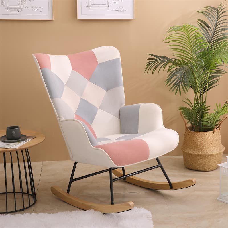 Modern Living Room Patchwork Linen Fabric Rocking Chair with Wood Legs