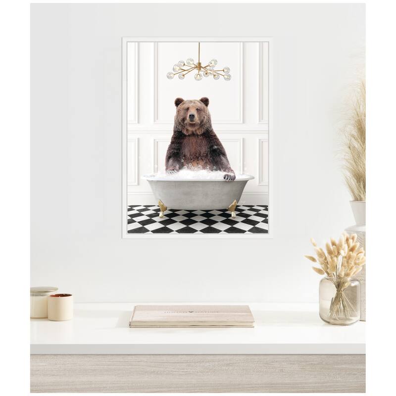 Kate and Laurel Sylvie Bear in Gray Bathtub on Checker Floor Framed Canvas by Amy Peterson