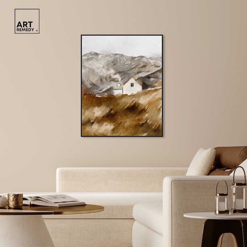 Art Remedy House In The Mountains Framed Landscape 1 Piece Canvas Wall Art Watercolor Style