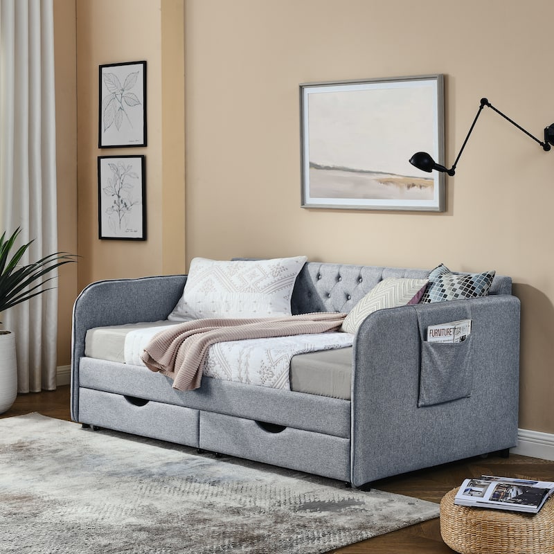 Roomfitters Twin Upholstered Daybed with Trundle, Underbed Storage and Flat Arms with Side Pocket, Extendable Design