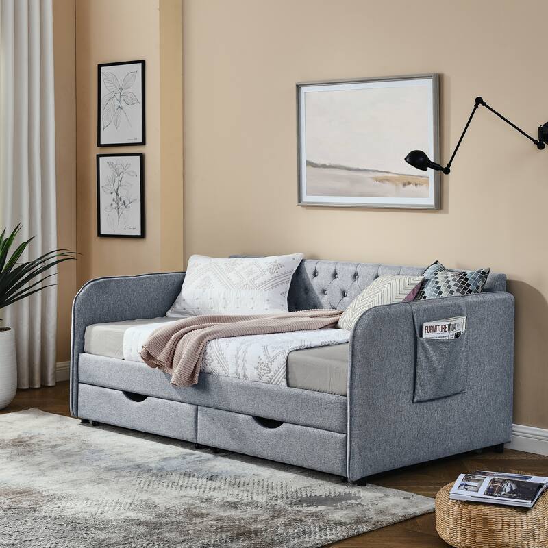 Twin Size Upholstery Daybed with Sofa Bed and Two Storage Drawers,Flat Arms with Pocket,Extendable Daybed for Living Room