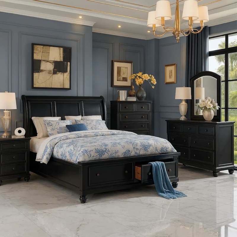 Transitional Style Seven Drawer Wooden Dresser with Round Bun Legs, Black